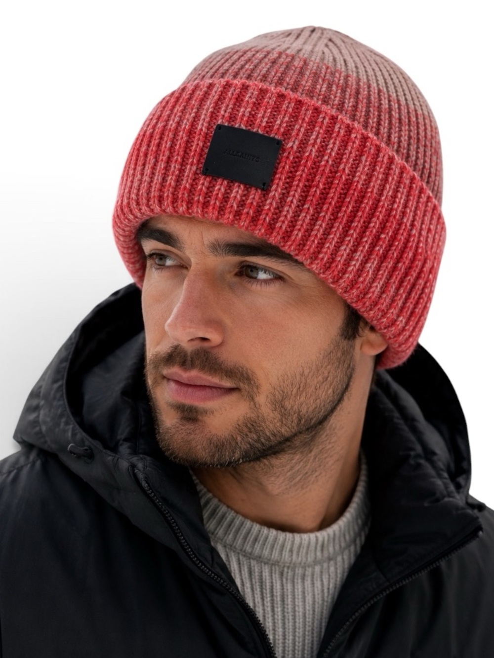 AllSaints Ombre Ribbed Wool Blend Cuffed Beanie Red Taupe Logo OS NWOT Unisex